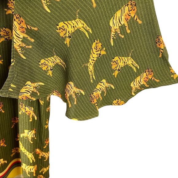 Anthropologie Conditions Apply Olive Green Tiger Print Ruffle Sleeve Dress - Picture 11 of 15